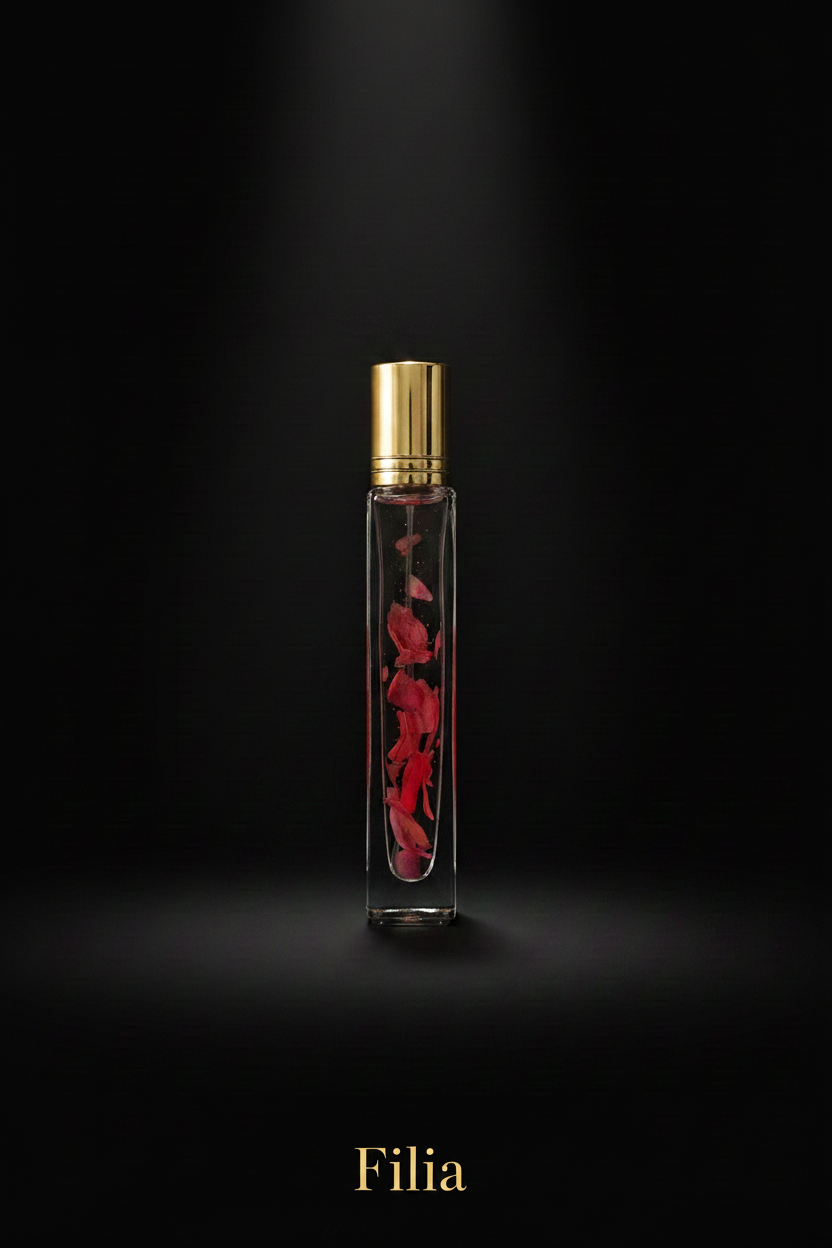 Flacon de parfum Filia avec pétales rouges